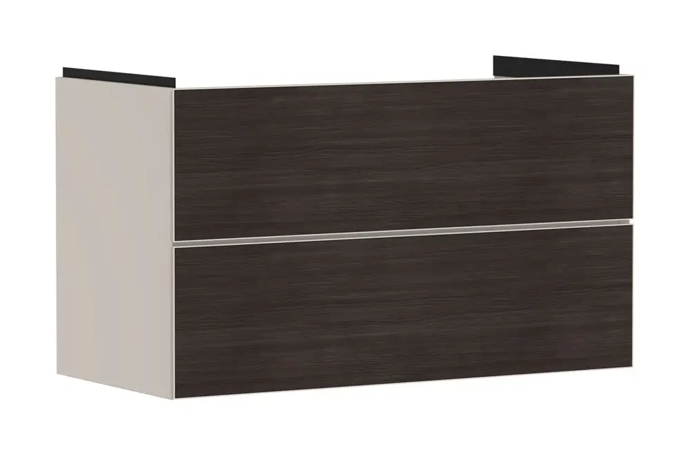 Hansgrohe Waschtischunterschrank mit zwei Schubkästen in dunkler Holzoptik und sandbeigem Korpus. Ideal geeignet für Badezimmerlösungen.